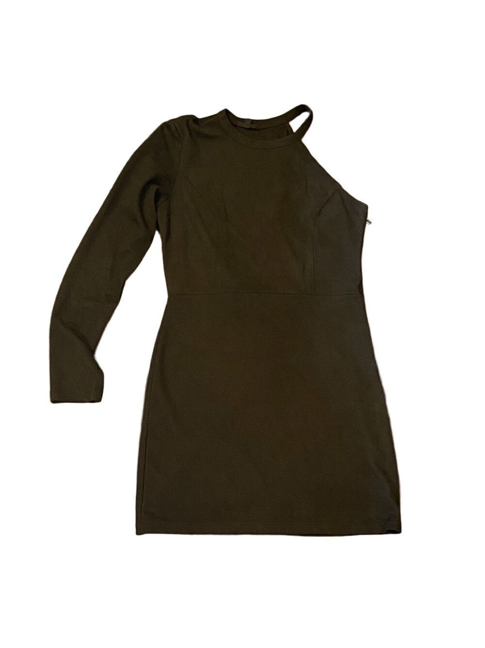 Olivaceous Black One-Shoulder Bodycon Asymmetrical Dress with One Long Sleeve